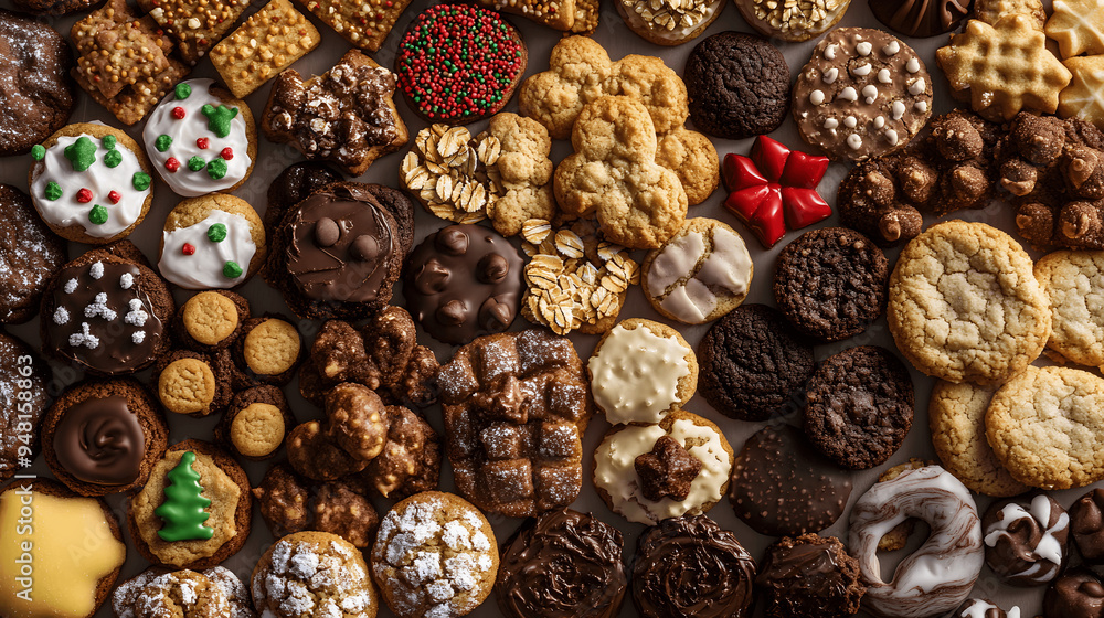 Obraz premium Overhead view of assorted cookies including chocolate chip, oatmeal, and gingerbread