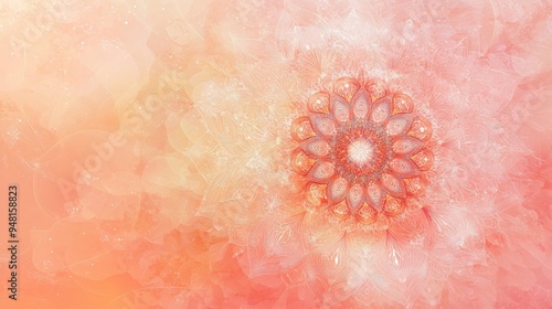 Dreamy mandala on a peach fuzz gradient base. Translucent mandala mesh design. Floral mandala. Pastel Yoga template. Round mandala and gradient background.