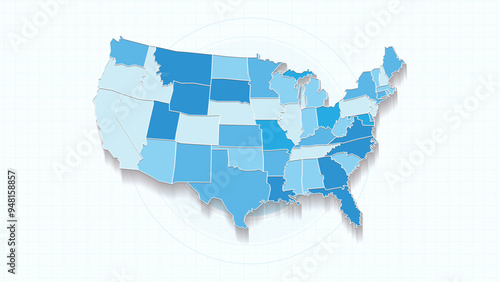 Blue Map of United States, United States map with borders of the states, country high detailed illustration map.