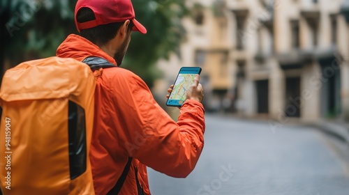 Delivery guy with backpack cap holding a smartphone open map navigation app Food service Customer addresses Box package Online Ordering meal Location GPS Street walk Urban city Restaurant courier