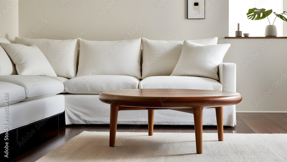 Round wood coffee table against white sofa. Scandinavian home interior design of modern living room Round wood coffee table against white sofa. Scandinavian home interior design of modern living room