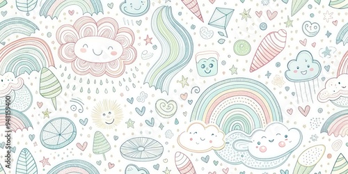 Playful doodles of clouds and rainbows on a white background.