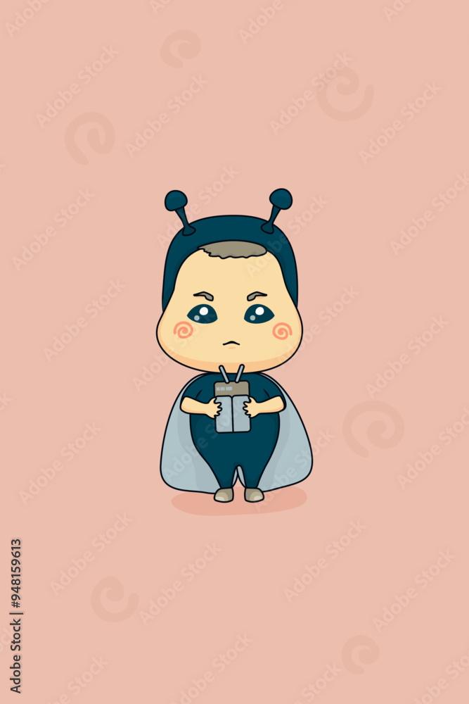 Vector card with image of a kid in a beetle costume on a pink background Vector card with image of a kid in a beetle costume on a pink background