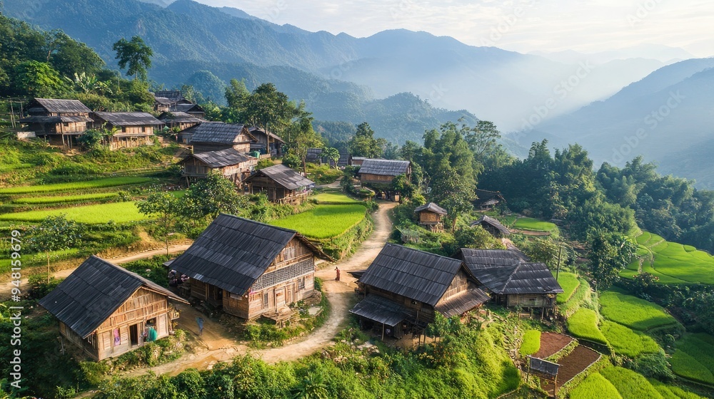 Peaceful Southeast Asian mountain village with traditional houses and terraced fields, rural charm Peaceful Southeast Asian mountain village with traditional houses and terraced fields, rural charm