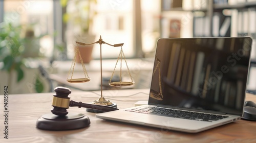 Laptop with online law and justice concept on the table in a modern office, next to a wooden gavel and scales of Justice in an indoor background. In the style