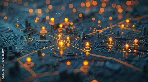 Futuristic digital map with pinpoint markers and glowing routes, representing navigation, location tracking, smart technology and advanced mapping systems.