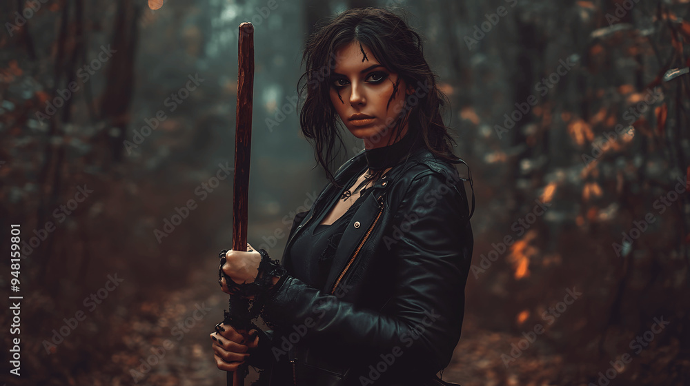 Naklejka premium Woman dressed as vampire hunter for Halloween with leather jacket and wooden stake