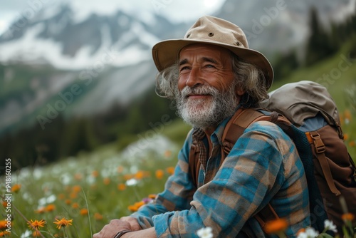 Senior man hiking in a beautiful mountain landscape smiling with joy