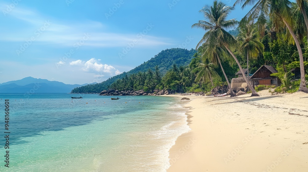 Scenic Southeast Asian beach with white sand and palm trees, tranquil tropical paradise Scenic Southeast Asian beach with white sand and palm trees, tranquil tropical paradise