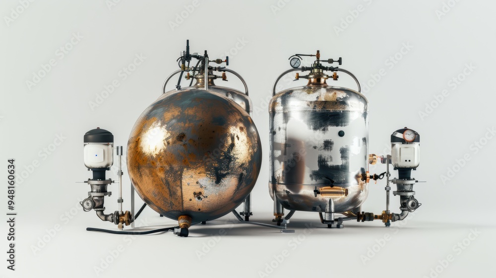 Two industrial pressure vessels with valves and pipes on white background Two industrial pressure vessels with valves and pipes on white background