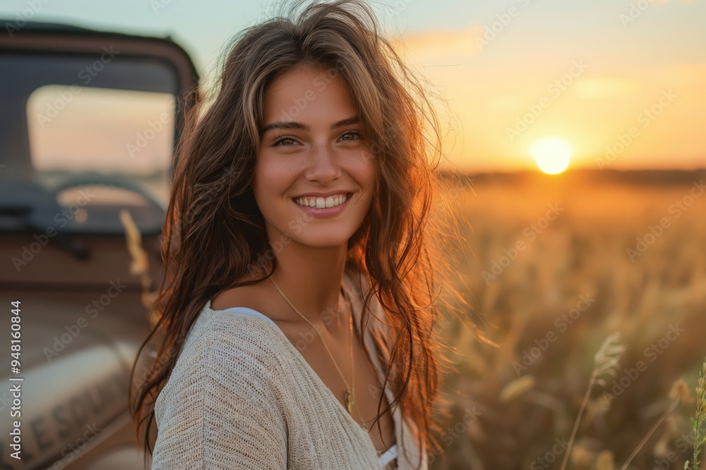 Smiling woman enjoying sunset in a serene rural landscape Smiling woman enjoying sunset in a serene rural landscape
