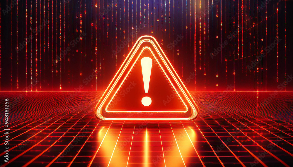 Abstract red digital binary background with an orange exclamation sign ...