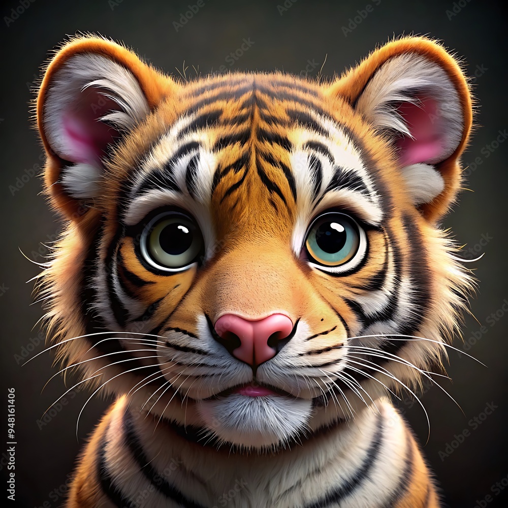 Obraz premium A close-up portrait of a tiger with on a texture background. Featuring its big eyes, pink nose and looking at the camera.