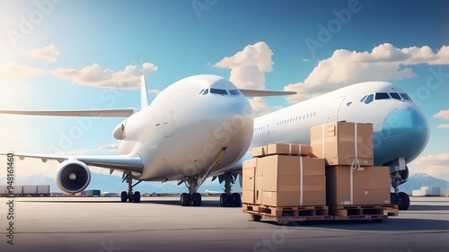 Cargo plane loading outside of air freight logistics. Packages sent using Airmail. Packages prepared for delivery. Artificial Intelligence