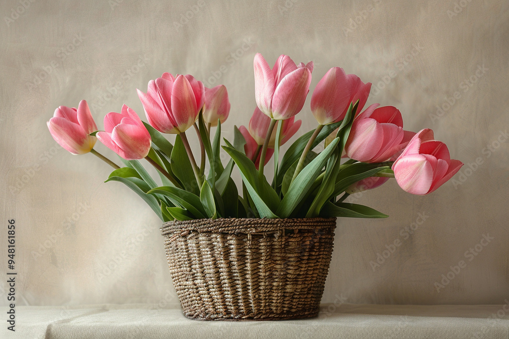 Pink Tulips in a Wicker Basket Pink Tulips in a Wicker Basket