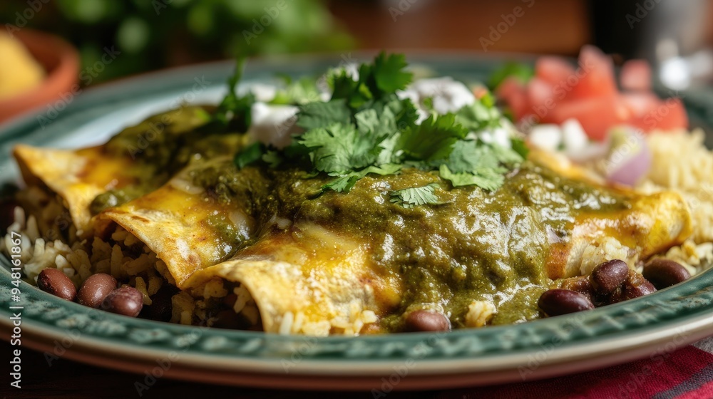 A delicious plate of Enchiladas Verdes with green sauce, rice, and beans, garnished with fresh cilantro.