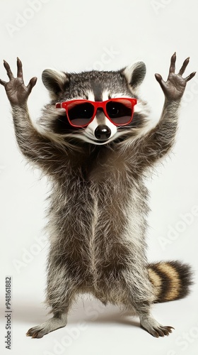 A raccoon that is wearing red sunglasses is standing upright on its hind legs