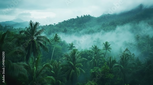 Scenic Southeast Asian jungle with dense foliage and misty atmosphere, untouched nature