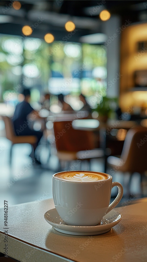 A cup of cappuccino is placed on a wooden table in a cozy cafe A cup of cappuccino is placed on a wooden table in a cozy cafe
