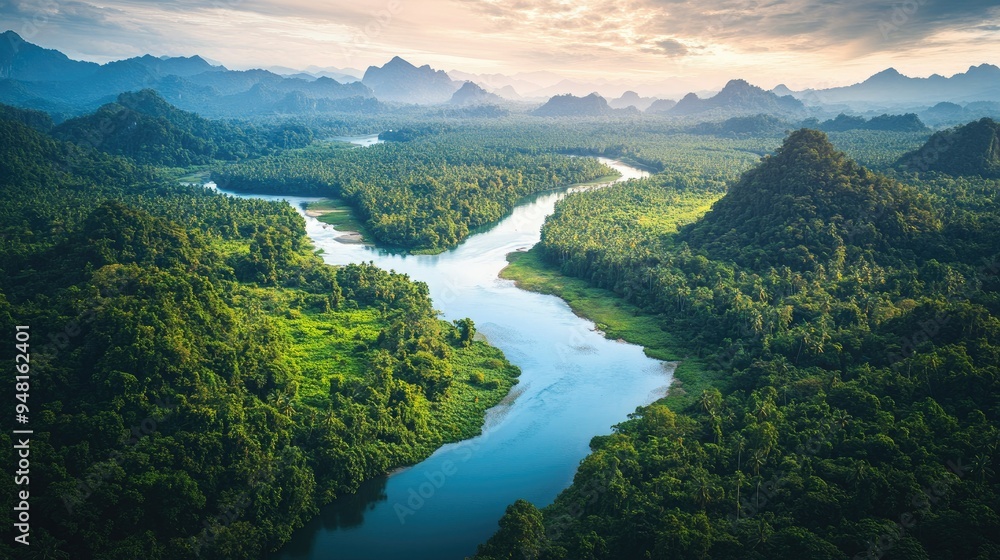 Scenic Southeast Asian river winding through dense jungle, peaceful and ...