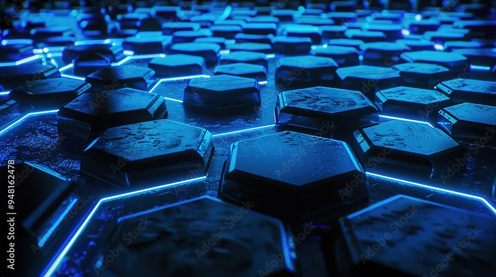 Fototapeta premium Futuristic abstract background featuring interconnected hexagonal pattern in cool blue tones.Modern aesthetics, perfect for computing, science, and AI-themed concepts.