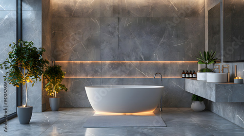 sleek grey marble bathroom with LED lighting, double vanity, and freestanding tub