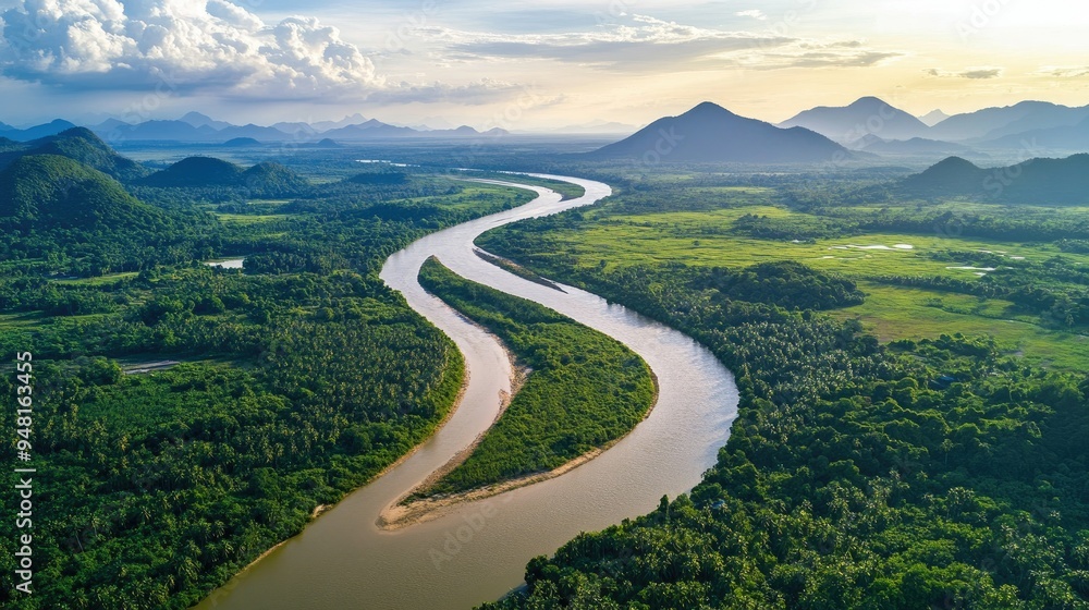 Aerial view of the Mekong River winding through lush landscapes in Southeast Asia. No people, copy space. Aerial view of the Mekong River winding through lush landscapes in Southeast Asia. No people, copy space.