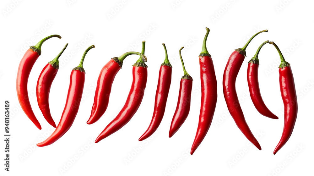 Fresh whole cayenne peppers arranged neatly isolated on transparent background Fresh whole cayenne peppers arranged neatly isolated on transparent background