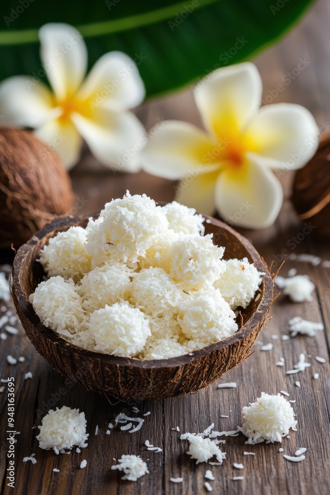 Coconut rice ball with coconut flakes closeup view Coconut rice ball with coconut flakes closeup view