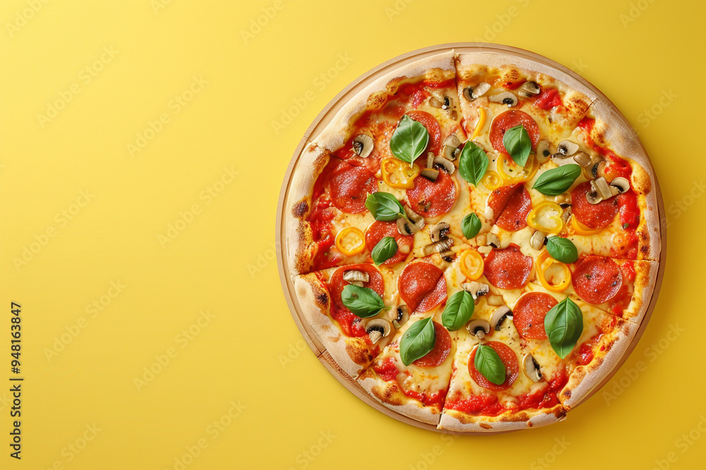 Delicious Pizza with Pepperoni, Mushrooms and Basil Delicious Pizza with Pepperoni, Mushrooms and Basil