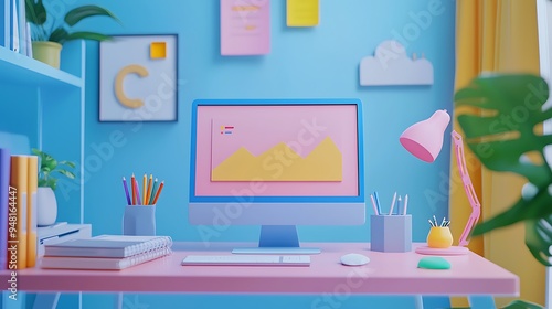 A modern home office desk setup includes a computer, chart, books, and plants, creating a well-organized and productive workspace.