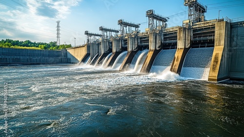 Water flows rapidly from the hydroelectric dam, creating whitewater as it meets the calm river below under a clear sky