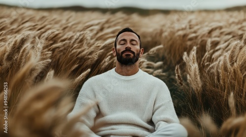 A man with a dark beard and short hair meditates with eyes closed, sitting in a wheat field, wearing a white sweater, surrounded by tall wheat stalks creating a tranquil scene. photo