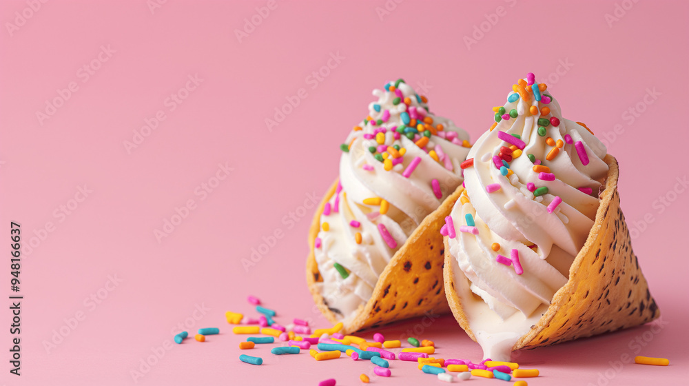 Two colorful ice cream cones topped with rainbow sprinkles on a pink background. Whimsical summer dessert concept with playful colors. Two colorful ice cream cones topped with rainbow sprinkles on a pink background. Whimsical summer dessert concept with playful colors.