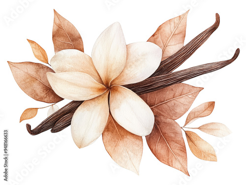 A delicate illustration of a flower with soft petals and warm-toned leaves, perfect for various design projects.