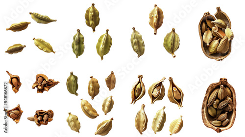 Various stages of cardamom pods from whole to cracked open isolated on transparent background