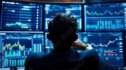 Focused Trader Analyzes Real-Time Market Data on Multiple Screens photo