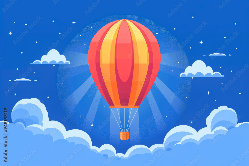 flat vector illustration. hot air balloon hovering in the sky and cloud on white background. in children's illustration style flat vector illustration. hot air balloon hovering in the sky and cloud on white background. in children's illustration style