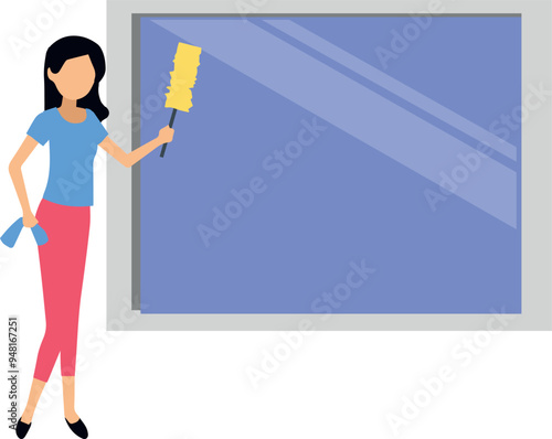 The girl is cleaning the window.