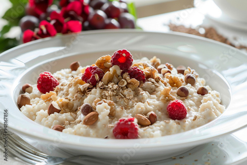 A bowl of oatmeal with nuts, raspberries, and almonds. photo