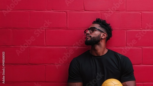 A man wearing a black shirt stands against a bright red brick wall, holding a yellow soccer ball, suggesting themes of sport, vibrancy, and urban lifestyle. photo