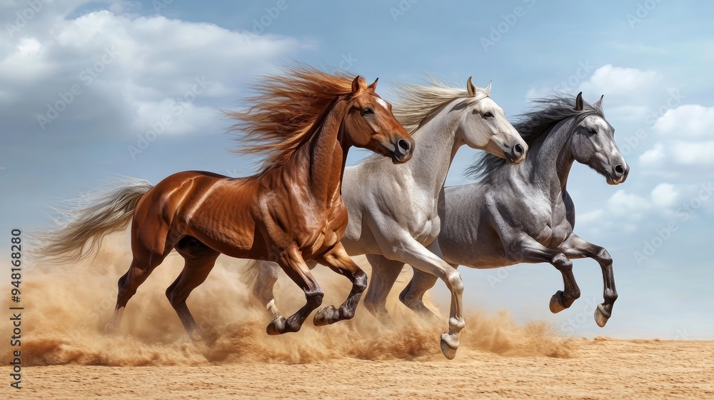 Obraz premium Three horse with long mane run gallop in desert