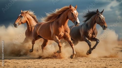 Three horse with long mane run gallop in desert