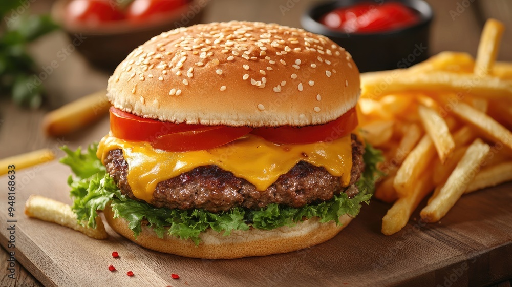 A hearty cheeseburger with golden fries and fresh tomatoes, offering a delicious and satisfying meal experience. A hearty cheeseburger with golden fries and fresh tomatoes, offering a delicious and satisfying meal experience.