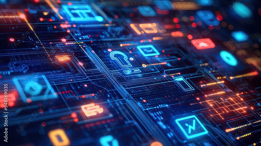 Digital transformation in communication technology with a glowing circuit board and icons representing various forms of digital communication. Digital transformation in communication technology with a glowing circuit board and icons representing various forms of digital communication.