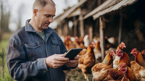 Farmer Analyzing Real-time Poultry Data on Smart Farm App Showcasing IoT for Efficient Chicken photo