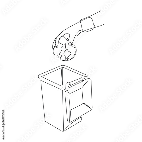 Continuous single line sketch drawing of hand throwing garbage into recycle bin. Dustbin rubbish bin and trash garbage bag home appliance kitchenware tools one line vector illustration