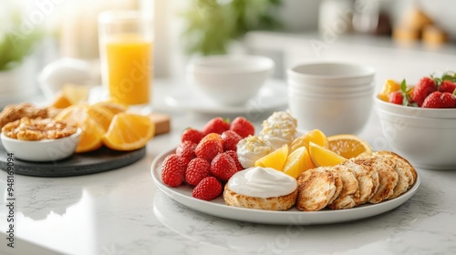 Healthy breakfast spread on a kitchen counter with morning sunlight, symbolizing a fresh start to the day, ready to tackle Monday tasks