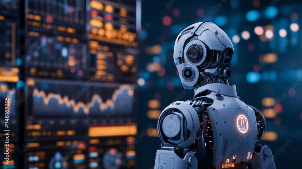 robot with hologram screen with trading market graph, financial and economic with Ai personal assistant concept
robot with hologram screen with trading market graph, financial and economic with Ai personal assistant concept
