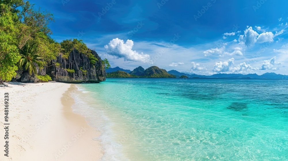 Fototapeta premium Exotic tropical beach on the island of Palawan, Philippines, with white sand and turquoise water. No people, copy space.